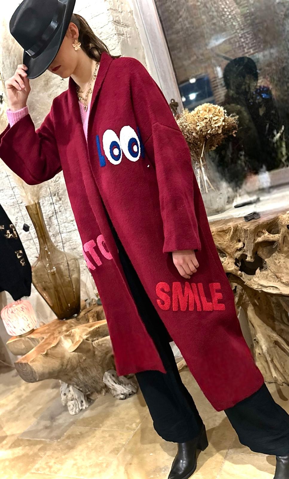 Gilet long Smile Beige/Bordeaux/Gris